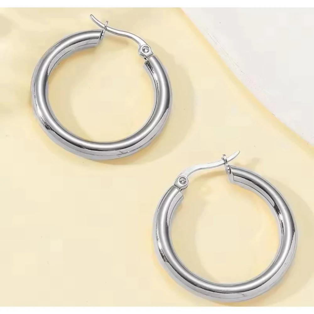 Large Tubular 18k‎ White Gold Filled Hoop Earrings, 30mm